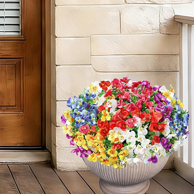 Ivydale Artificial Flowers for Outdoor Decorations, 12 Bundles Fake Pansies Flower, Silk Flora with Eucalyptus for Planter, UV Resistant Realistic Bouquets Front Door Garden Porch Patio Yard