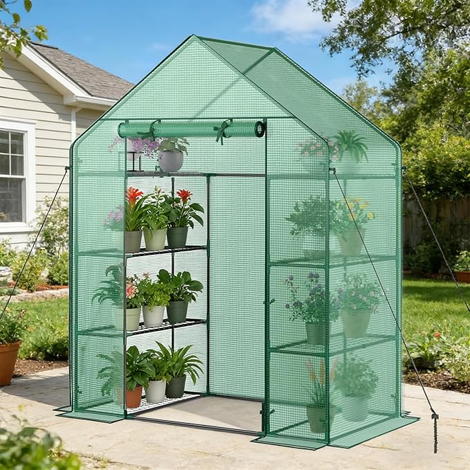 Grezone Walk-in Greenhouse Upgraded Green House with Thicken PE Cover, 3 Tiers 8 Shelves for Outdoors，Heavy Duty Plastic Plant Warm House with Reinforced Frame (56x28x77 in)