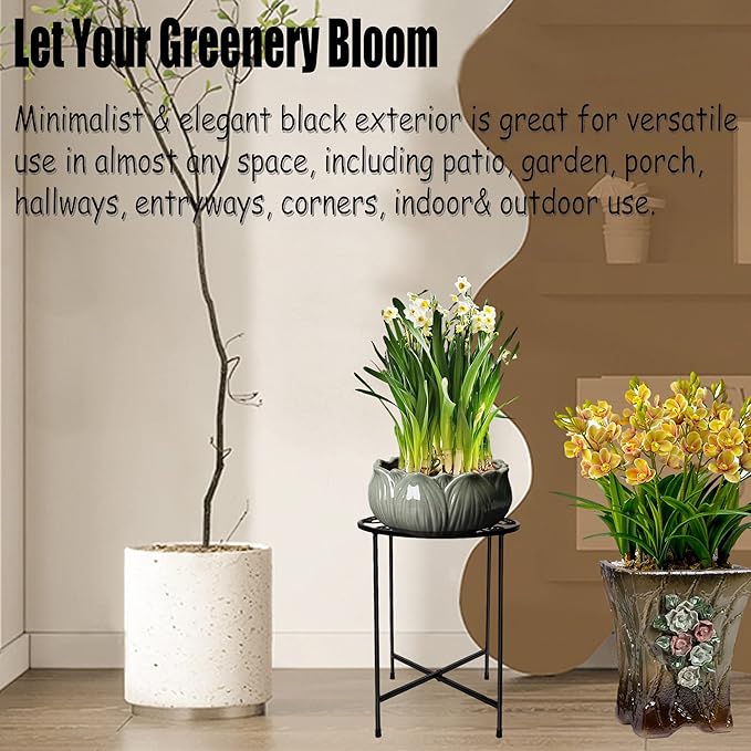 ZEECER Plant Stand Outdoor Indoor 15'' Tall Set of 1, Retro Design Single Rust-proof Coated Round Metal Plant Stand Flower Stands for Indoor Plants Patio Garden Home Decor