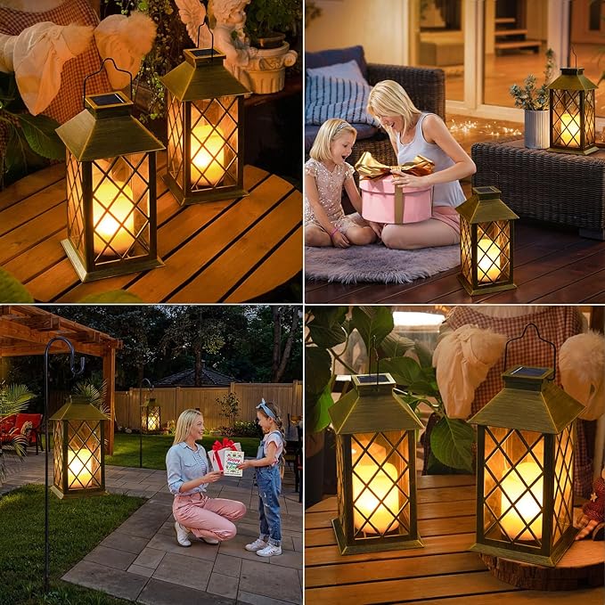 TAKE ME 14" Solar Lanterns Outdoor Waterproof Garden Lanterns Large Flickering Flameless Candle Mission Lights for Table,Outdoor,Party Mothers Day Gifts ( 2 Packs Brush-Painted Antique Bronze Color)