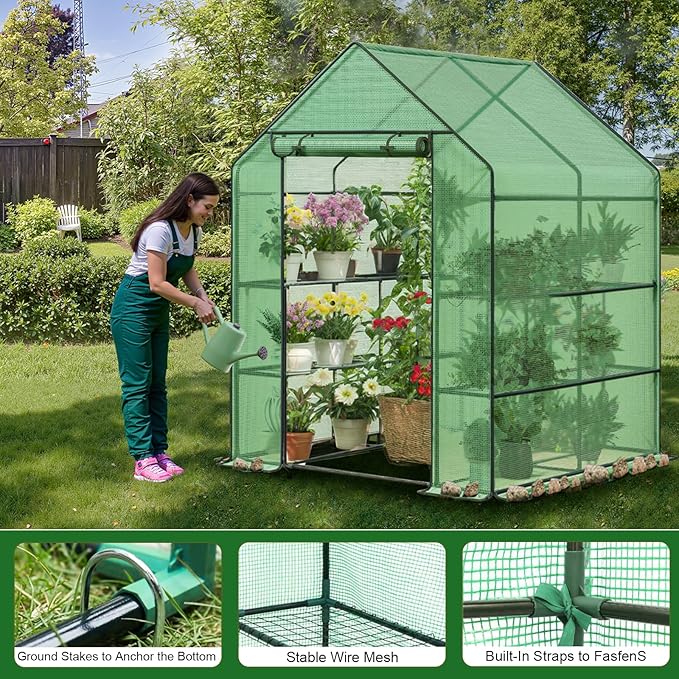 Greenhouse, 56×56×76" Walk in Greenhouse, Portable Green House for Outdoors with Thicken PE Cover, 3 Tiers 8 Shelves for Plants, Flowers, Seedling (Green, 56x56x76 inch)