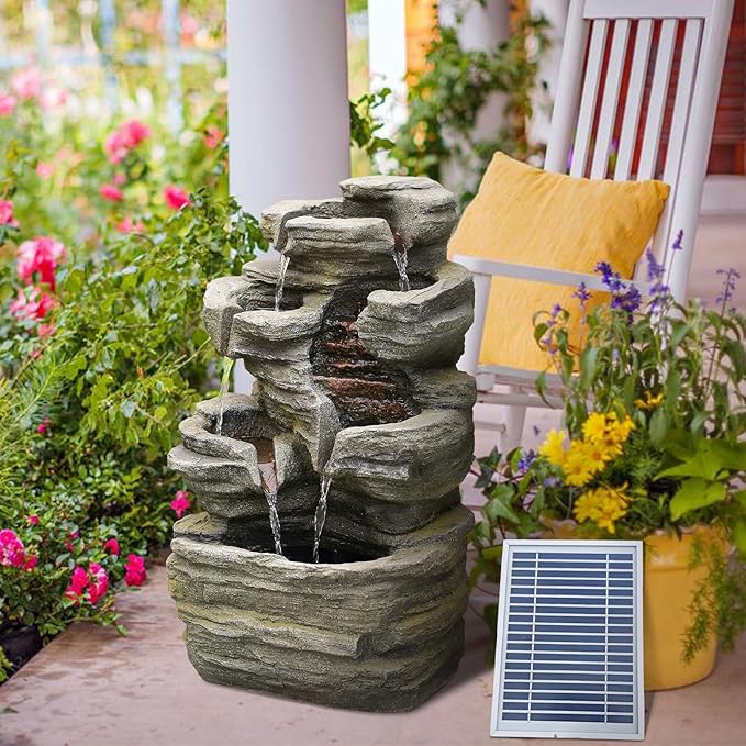 6-Tier Solar Water Fountain Outdoor, 24.4" H Cascading Rock Feature Garden Fountains and Waterfalls with Light, Pump, Solar Panel for The Patio, Deck, Porch, Backyard Home Décor, Stone Gray