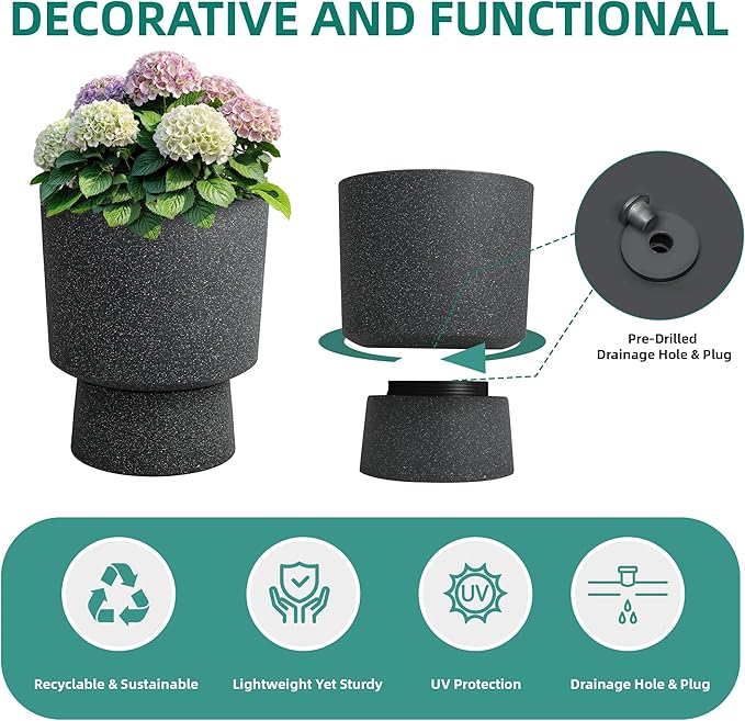 Ultym 16.75"H Urn-Style Tall Planters, 2-Pack Modern Large Flower Pots for Outdoor Indoor, 2-in-1 Design Plant Containers for Garden Patio Yard Balcony Porch or Home Decor, White Terrazzo, UV-Protect