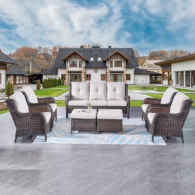Rilyson Wicker Patio Furniture Set - 7 Piece Rattan Outdoor Sectional Conversation Sets with 1 Sofa,4 Armrest Chairs and 2 Ottomans for Porch Deck Garden(Brown/Beige)