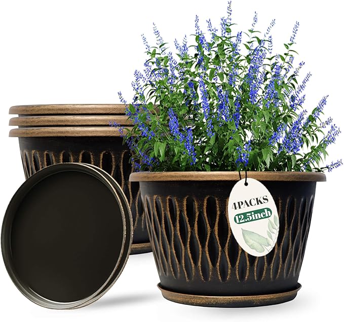 Usocik 4 Pack 12 Inch Retro Plant Pots, Vintage Striped Flower Pots with Drainage Hole & Saucer, Large Plastic Planters for Indoor and Outdoor Plants, Decorative Garden Pots(Gold)