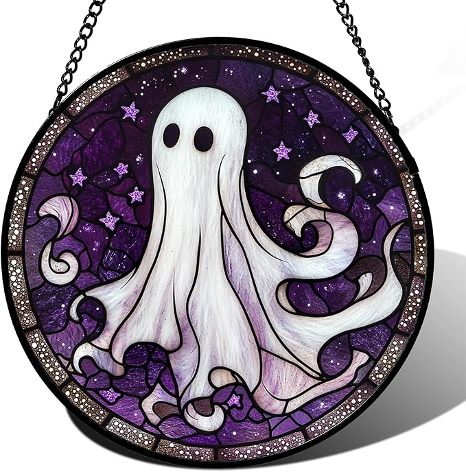 DASTOLL Stained Glass Window Hanging - Halloween Decorations White Ghost Purple Stars Suncatcher for Doors Garden Spooky Funny Sun Catchers Gothic Decor Horror Gifts for Women Men Friend 7.8 in