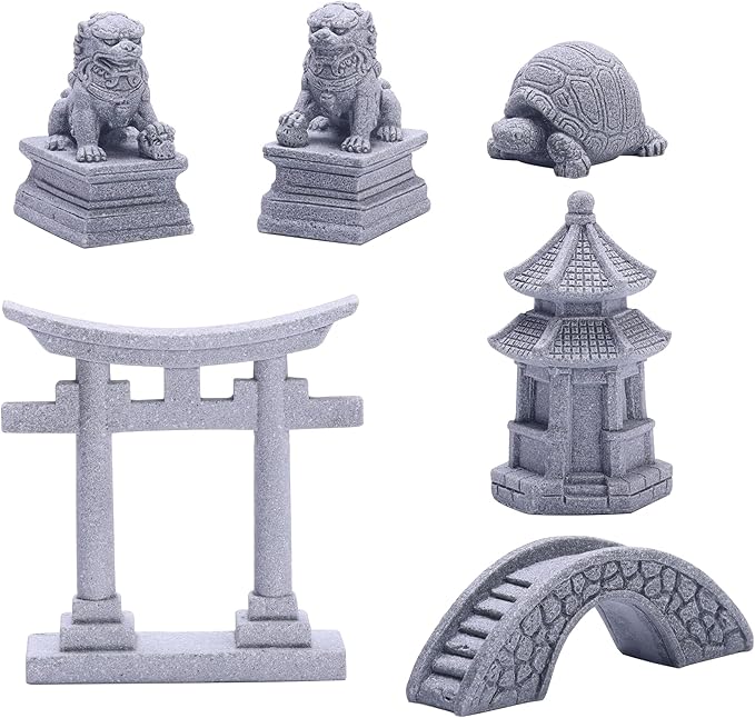 Sdeetesamjun 6 PCS Mini Zen Garden Accessories, Miniature Garden Bridge Foo Dogs Torii Gate Sandstone Figurines Meditation Zen Decor Japanese Fish Tank Terrarium Bonsai Decorations (Art Deco)