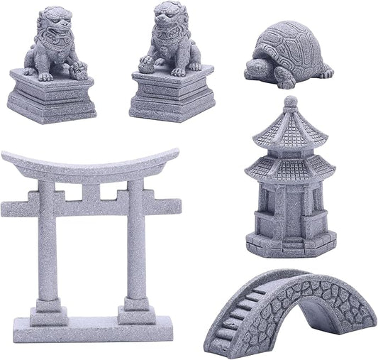 Sdeetesamjun 6 PCS Mini Zen Garden Accessories, Miniature Garden Bridge Foo Dogs Torii Gate Sandstone Figurines Meditation Zen Decor Japanese Fish Tank Terrarium Bonsai Decorations (Art Deco)