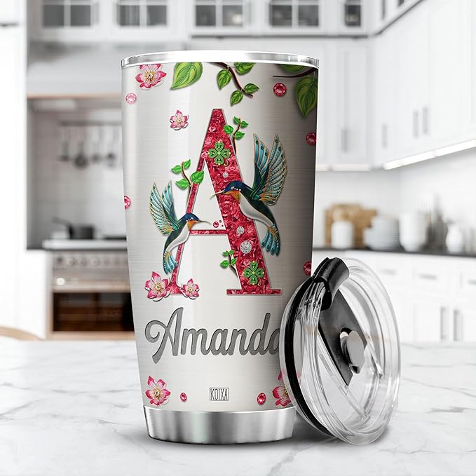 Personalized Initial Coffee Tumbler Hummingbird Custom Name Birthday Gifts For Women Mom Travel Mug With Lid Insulated Cup Cold Steel Tumblers Inspirational Quotes Jewelry Styles