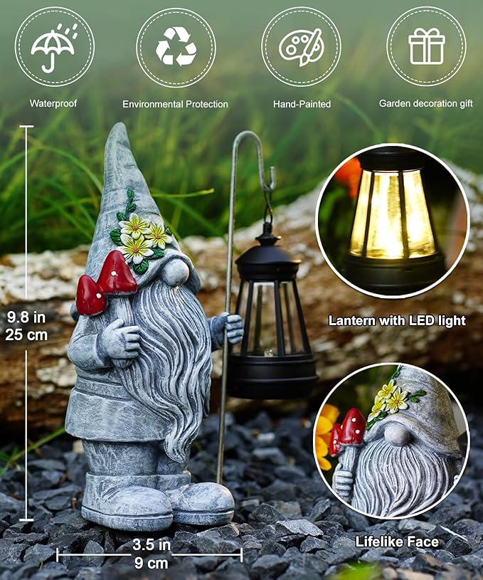 Garden Gnome Statue with Solar Lights Lantern,Outdoor Sculpture Home Decor for Yard Lawn Balcony Patio Porch,Gardening Gifts for Mom Women Grandma