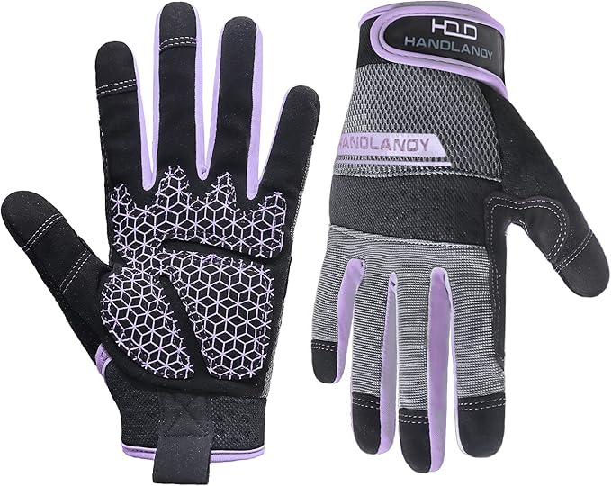 HANDLANDY Work Gloves for Women, Breathable Leather Gardening Glove for Yard Maintenance, Hand Protection with Touch Screen for Gardeners, Farmers