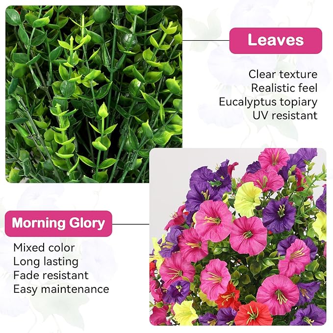 ENVEN Artificial Topiary Ball Tree Outdoor Plants with Ground Spike 22"- UV Resistant Faux Shrubs, Eucalyptus Fake Plants for Indoor & Garden, Yard, Porch, Patio Decor (Mixed Color Morning Glory)