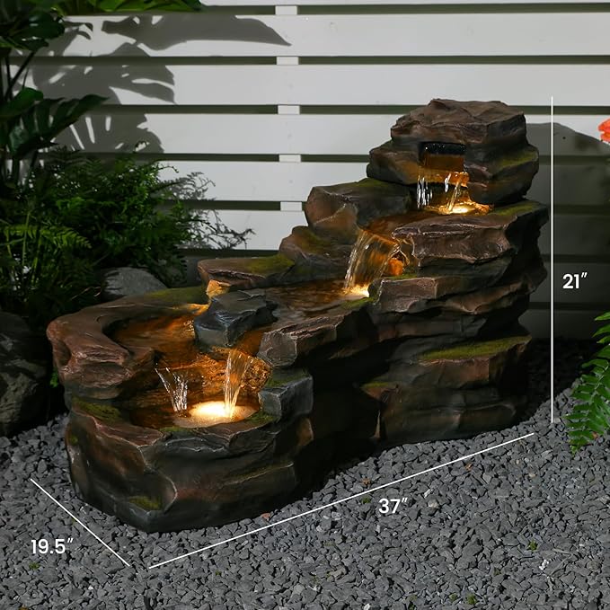 Water Fountain Outdoor Floor Standing 5-Tiers Rock Natural Waterfall Outdoor Garden Fountains with LED Lights for Patio, Porch, Home Art Decor
