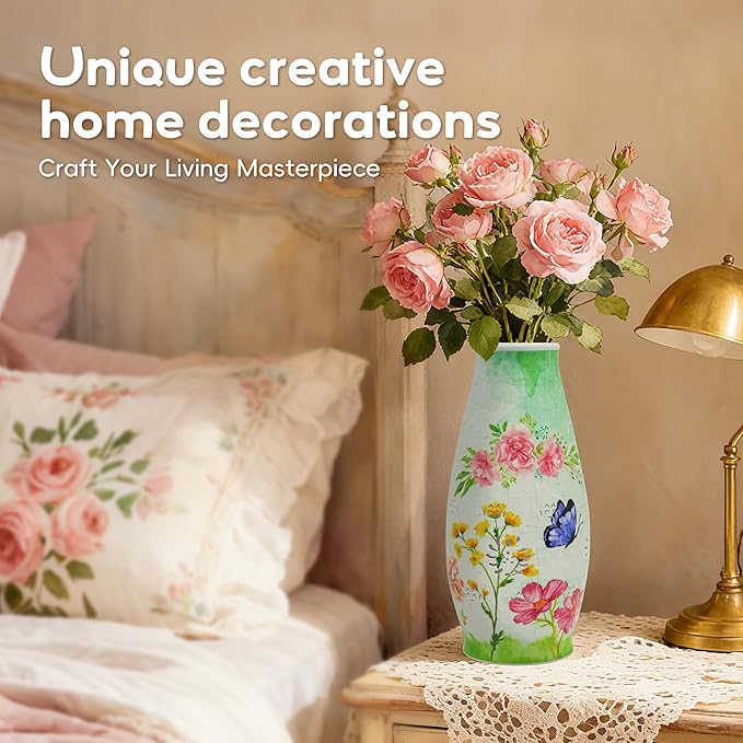 MYLARREN 3D Puzzle Vase for Adults & Kids, 152 Pcs 3D Puzzle Planter Vases for Flowers, Arts and Crafts for Kids 4-6, Adults, Girls, Cute Unique Flower Vases with Night Light(Butterfly)