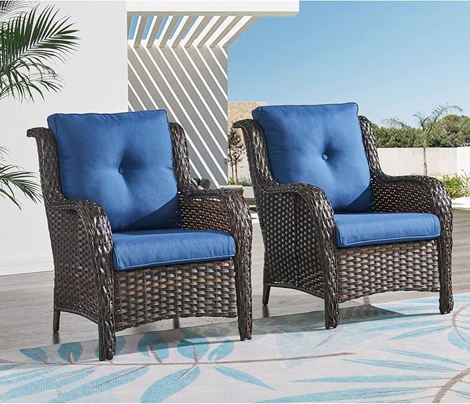 HUMMUH Patio Chairs Wicker Patio Dining Chairs Set of 2 PE Rattan Deep Seating Outdoor Chairs with 4 inch Seat Cushions…