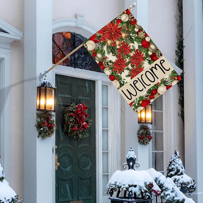 Welcome Christmas Bells Poinsettias Pine Trees Xmas Winter House Flag Large 28X40 Inch Big Vertical Double Sided Yard Outdoor Outside Holiday Decoration