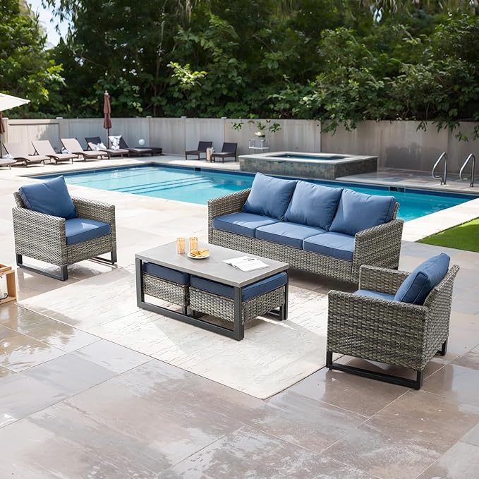 Rilyson Wicker Outdoor Patio Furniture Set - 6 Piece Patio Conversation Set with 2 Armrest Chairs,2 Rattan Ottoman,1 Couch and 1 Metal Side Table for Outside Porch Deck Backyard(Mixed Grey/Blue)