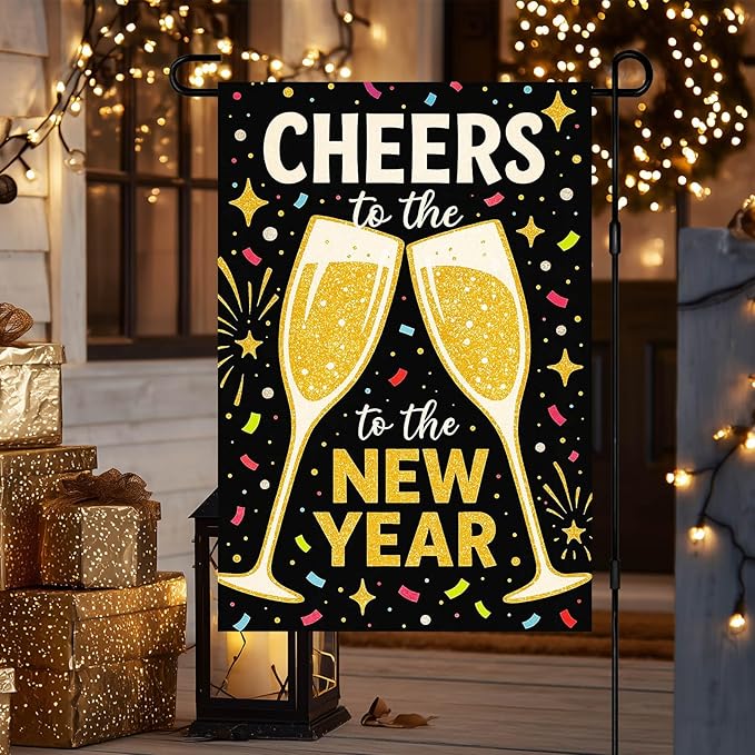 Cheers to the New Year Garden Flag 12x18 Inch Double Sided New Year Garden Banner Outdoor Yard Decor Black Gold Champagne Toast Party Decoration Lawn Flag