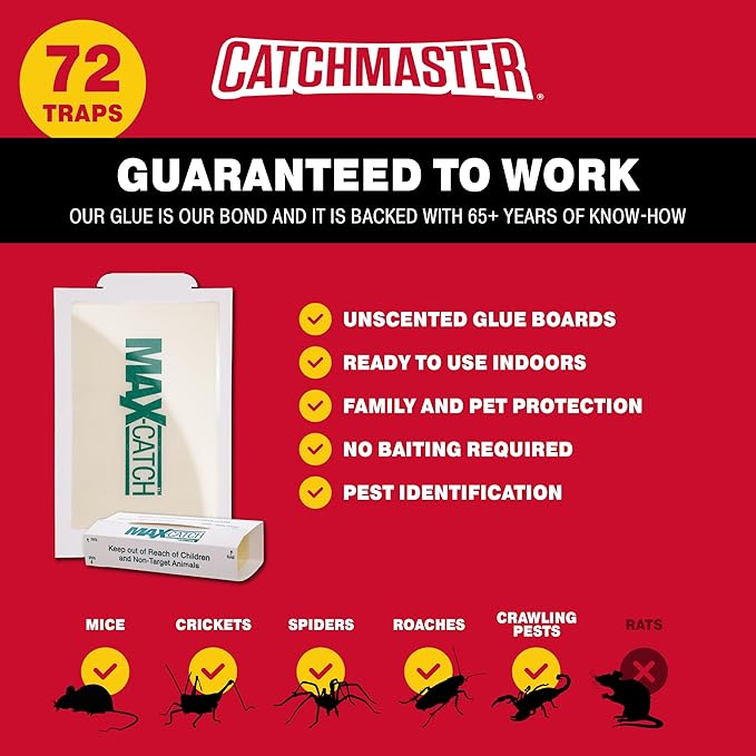 Catchmaster Max-Catch Mouse & Insect Glue Trap 72PK, Mouse Traps Indoor for Home, Sticky Pest Control Adhesive Tray for Catching Bugs, Bulk Unscented Glue Boards