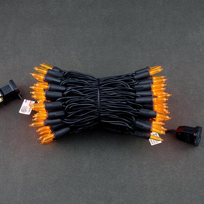 YULETIME Orange LED Christmas Lights with Black Wire, 33 ft 100 Count UL Certified Commercial Grade Halloween String Light Set (Orange - Black Wire)