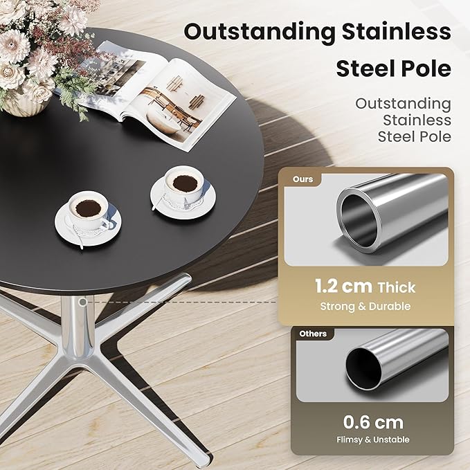 PHI VILLA Outdoor Patio Bistro Table, 30" Round Metal Pedestal Small Dining Table for 2-4, All-Weather Modern Table for Outside Deck, Yard, Porch, Balcony - Black