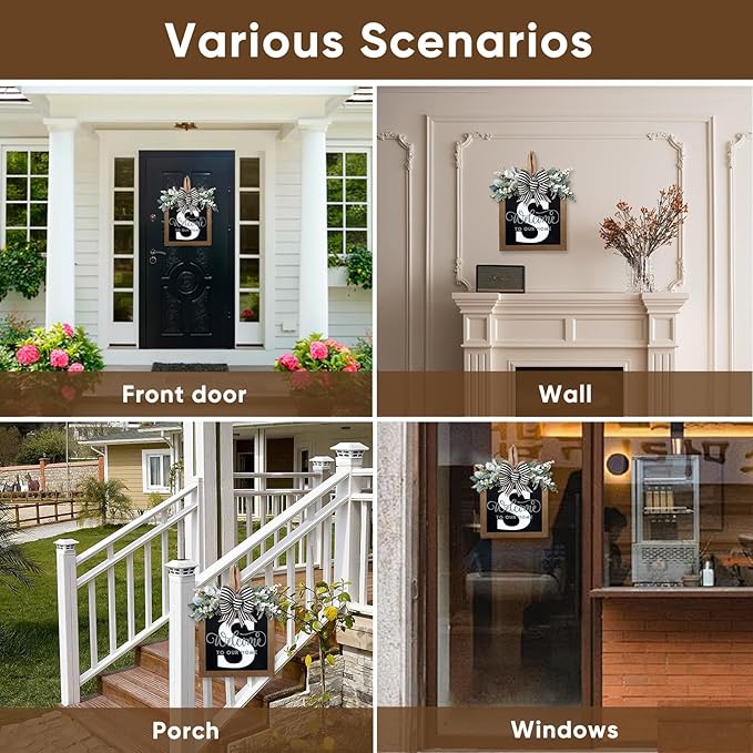 Ultra Large 14'' Last Name All Year Round Front Door Wreath with 26 Initial Letter Welcome Sign All Seasons Eucalyptus Garland and Bow Wreaths for Front Door Porch Farmhouse Decoration (S)
