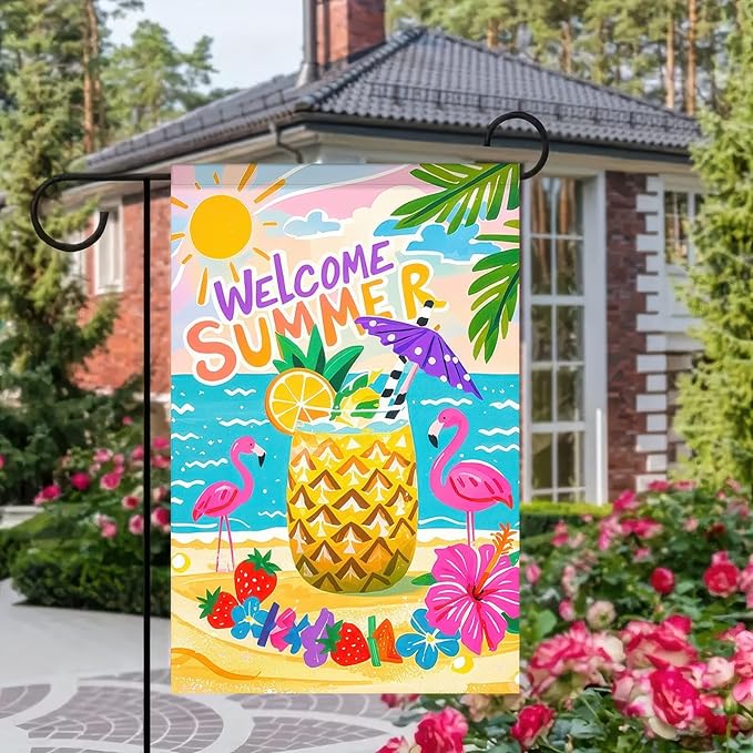 Welcome Summer Garden Flag 12x18 Double Sided Flamingo Sunshine Hawaii Tropical Beach Holiday Garden Flags Welcome Summer Tropical Ocean Sea Yard Flag for Seasonal Outdoor Party Decoration