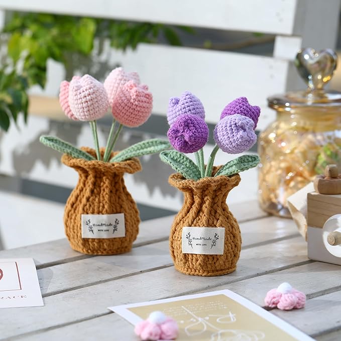 YOOJEE Tulip Crochet Flower Potted Plant Handmade Desk Decor Gift
