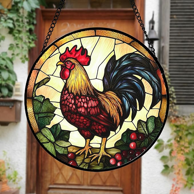 AMDERVEN Stained Glass Window Hanging, Colorful Big Cock Sun Catcher for Window Door Home Decor, Chicken Suncatcher Christmas Mother's Day Birthday Gifts for Women Men Mom and Nana 15 in