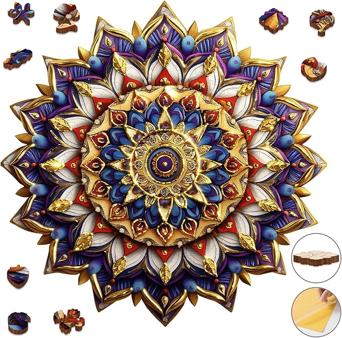 Delobil Jigsaw Puzzles for Adults, Mandala Flower Wooden Puzzles 200 Pieces, Geometric Art Gold Round Jigsaw Puzzles for Adults and Kids, Family Puzzle Games Gift Puzzle, 11.4 x 11.3 Inches