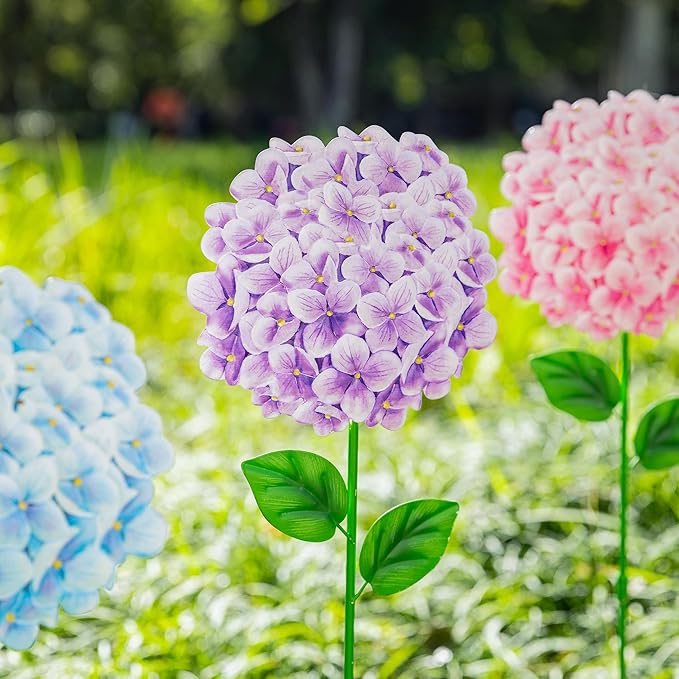Glitzhome Set of 3 Hydrangea Garden Stakes, Metal Flower Yard Stakes with Hand Painted Color Design, Iron Garden Yard Spring Decor or Wall Decor, 24”H