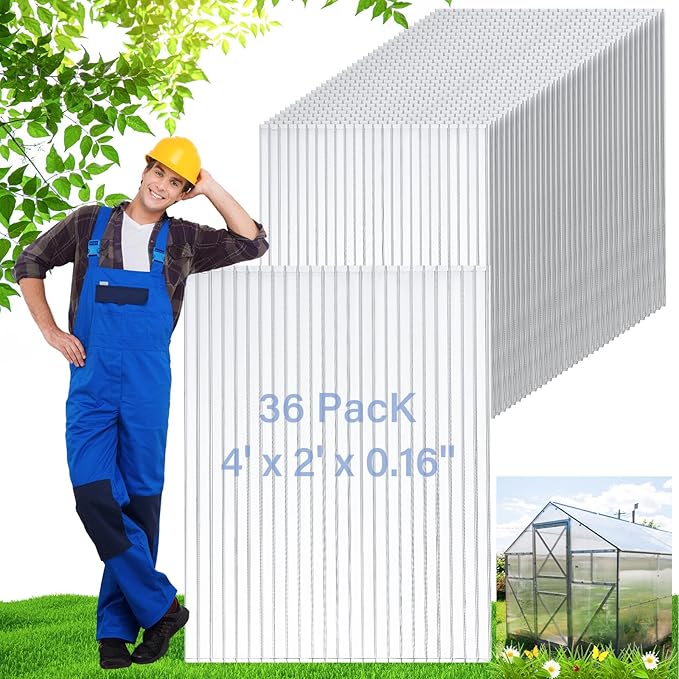 Tatuo 36 Pack 4' X 2' X 0.16'' Polycarbonate Greenhouse Panels Polycarbonate Sheets Twin-Wall Roof Panels Waterproof UV Protected Clear Corrugated Plastic Roofing for Greenhouse Replacement