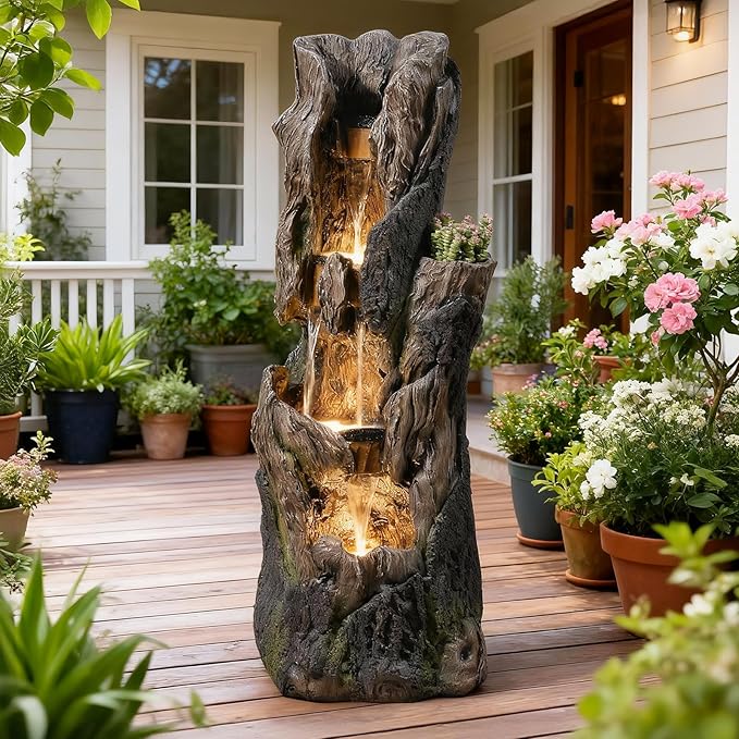 Water Fountain Outdoor 4 Tier Large 43.7 in High Cascading Wood Waterfall with LED Lights, Realistic Tree Sculpting Natural Waterfall Outdoor Fountain for Yard, Garden, Patio, Porch