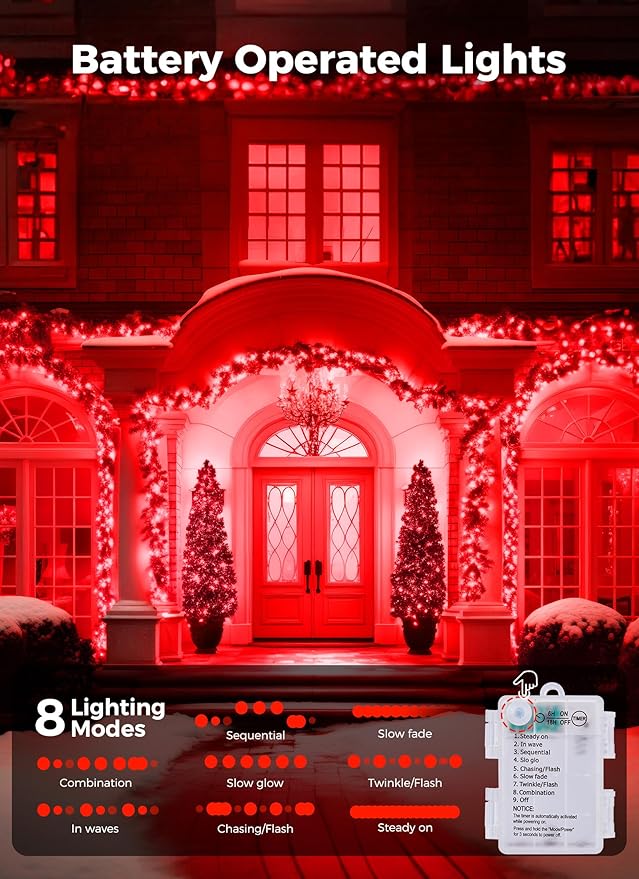 Minetom Christmas String Lights Battery Operated, 2 Pack Total 33FT 100 LED Battery Powered Fairy Lights with Timer, 8 Modes, Waterproof String Lights for Outside Indoor Bedroom Tree Decoration, Red