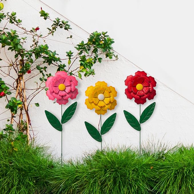 Glitzhome 3 Set Metal Flower Yard Stake, 39.5" Summer Outdoor Garden Stake Decoration Metal Flower Sticks for Lawn Yard Patio (2 Functions)