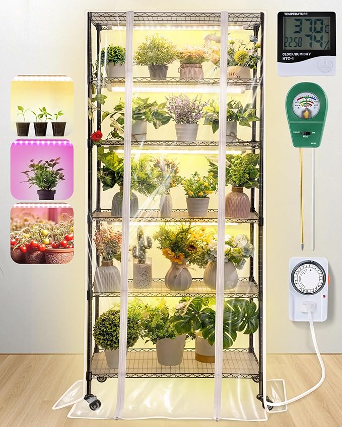 Meonum Plant Shelf with Grow Lights 30" x 13.8" x 70.8", 6 Tier DIY Metal Grow Rack with 90W LED Growing Lamps for Seed Starting, Indoor Greenhouse with Cover, Timer, Thermometer, pH Meter