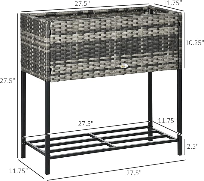 Outsunny Raised Garden Bed, Elevated Planter Box with Rattan Wicker Look, Tool Storage Shelf, Portable Design for Herbs, Vegetables, Flowers, Gray