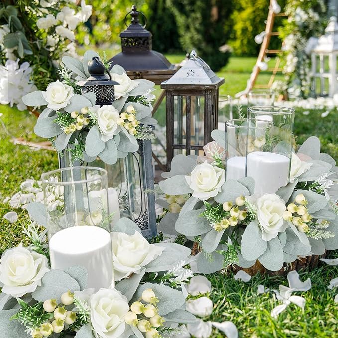 6 Pcs Wedding Rose Candle Rings Swag Wreath Artificial Floral Wreaths with Lamb Leaf Flower Candle Rings Candleholders Garland for Pillar Centerpiece Party Table Wall Window Farmhouse Decor