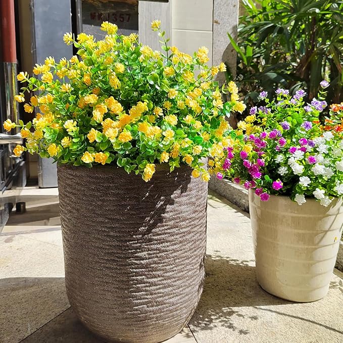 Grunyia 12 Bundles Artificial Flowers for Outdoors, UV Resistant Fake Flowers with Plastic Plants, Faux Flowers for Outside Window Box Front Porch Hanging Planter Decor (Yellow)