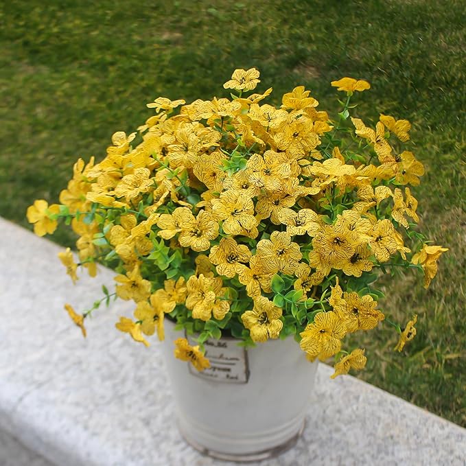 HIFORESTAR Yellow Artificial Outdoor Flowers 12 Bundles Fake Daisy Faux Mums Fall Plants Cheerful Weatherproof Floral Arrangements Decoration for Outside Landscaping Decor (Yellow Daisy)