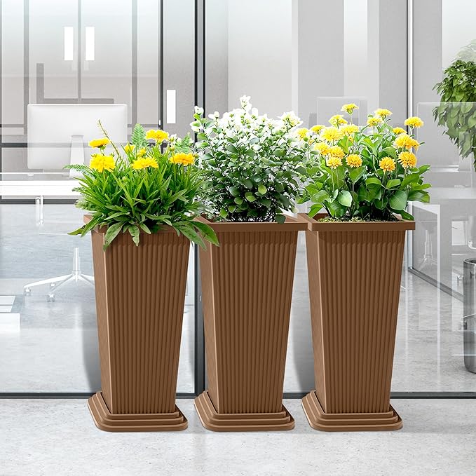 TUYOHW 24 Inch Tall Tapered Square Planters (Set of 2) - Indoor Outdoor Large Flower Pots with Built-in Drainage & Matching Water Tray for Patio, Garden, Home - Brown
