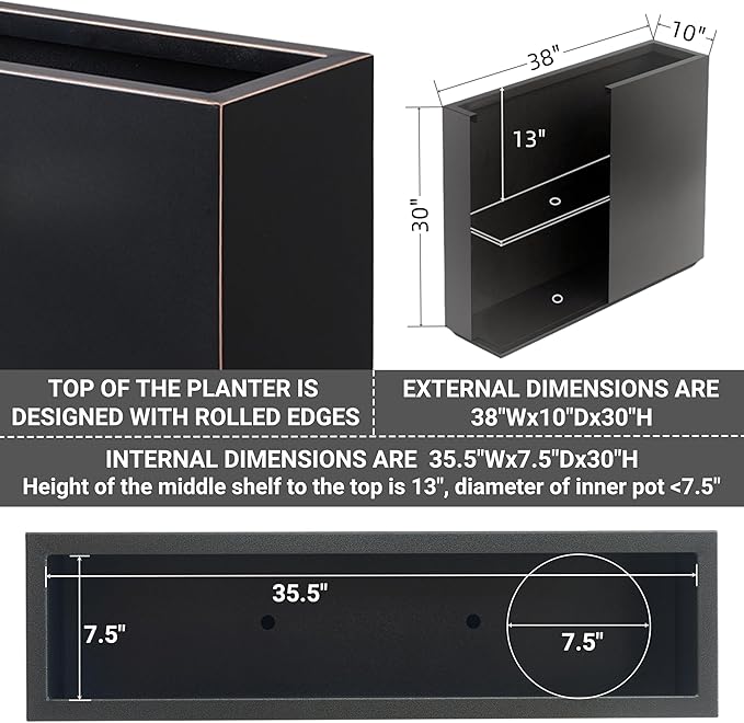 Wallowa Metallic Heavy Planter for Outdoor Plants, 38Lx10Wx30H Inches Tall and Long Metal Divider Planter Box with Hand Brushed Gold Edge for Outside & Indoor, No Assembly (Black)