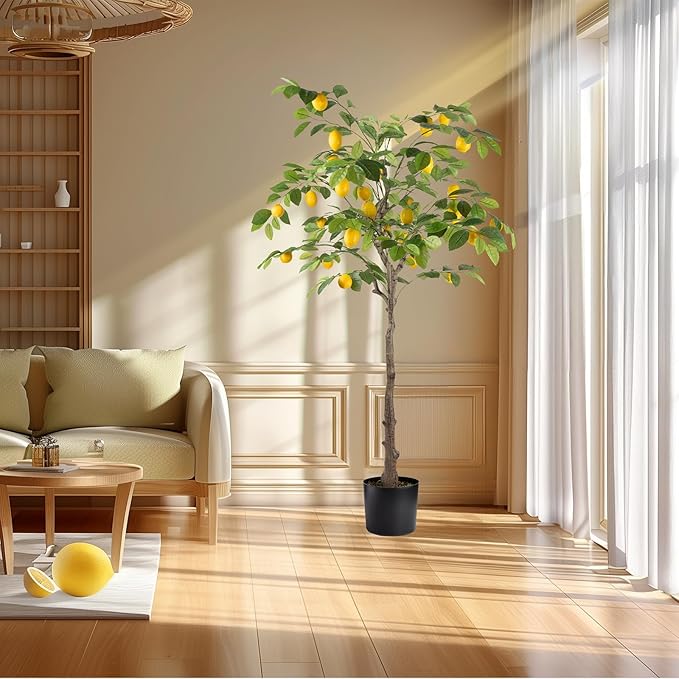 Artificial Lemon Tree, 5FT Tall Fake Lemon Plant in Pot, Faux Lemon Fruit Tree for Indoor Home Decor Office Living Room