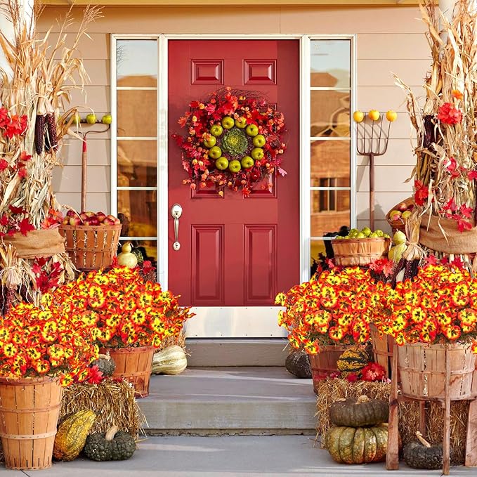 Grunyia 12 Bundles Artificial Flowers Outdoor Fake Fall Flowers for Outside Decoration UV Resistant Plastic Faux Plants for Garden Window Porch Balcony Fall Wedding Thanksgiving Decor