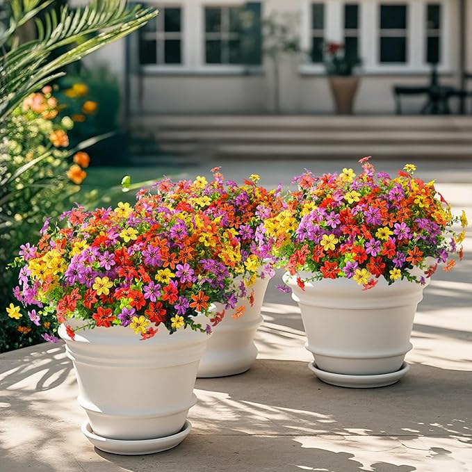 Homsunny Artificial Flowers for Outdoors 12 Bundles Fake Plants Spring Home Decoration, Realistic Faux Flower Silk Daisy with Eucalyptus Stem UV Resistant Patio Planter Porch Yard Window (4 Colors)