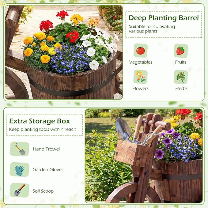 Giantex Wooden Wagon Planter with Wheels, Rustic Wood Plant Stand with Drainage Hole for Flowers Herbs Vegetables, Indoor Outdoor Decorative Garden Flower Cart for Patio Backyard Balcony (1)