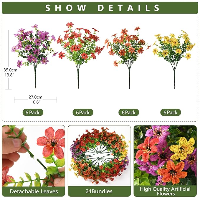 Homsunny 24 Bundles Artificial Flowers for Outdoors Fake Plants Spring Home Decoration, Realistic Faux Flower Silk Daisy with Eucalyptus Stem UV Resistant Patio Planter Porch Yard Window (4 Colors)