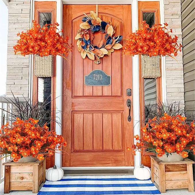 Grunyia 20 Bundles Artificial Fall Flowers Outdoor,No Fade Fake Plastic Flowers,Faux Autumn Plants for Indoor Outside Garden Porch Window Box Home Wedding (Fall Red)