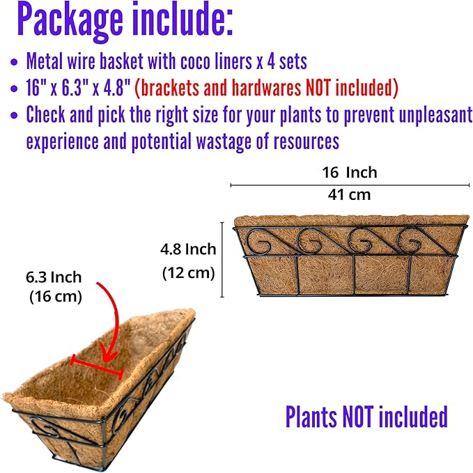 LaLaGreen Wall Mounted Planters - 16 Inch, 4 Pack Window Flower Boxes Basket Outdoor, Balcony Planter Over The Rail, Deck Railing Hanging with Coco Liners, Metal Horse Troughs Fence Patio Porch