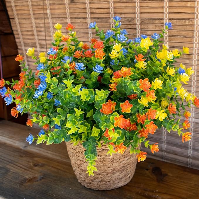 BCBLF Artificial Flowers Outdoors, 12 Bundles Fake Flowers UV-Anti for Decoration Faux Plastic Plants Garden Porch Window Box Décor, YellowPurpleBlueGreen